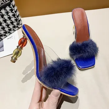 Vara Femei Pantofi Pentru Femeie Slide-Uri Plexiglas Transparent De Cristal Tocuri Inalte Blana Peep Toe Catâri Papuci Doamnelor Tobogane De Pantofi Plus Dimensiune