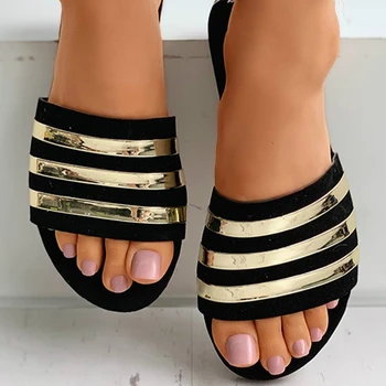 Vara Femei Papuci Cu Dungi Bling Negre Deget De La Picior Deschis Reflectorizante Detalii Sandale Plate În Aer Liber, Plajă, Tobogane Doamnelor Pantofi De Sex Feminin