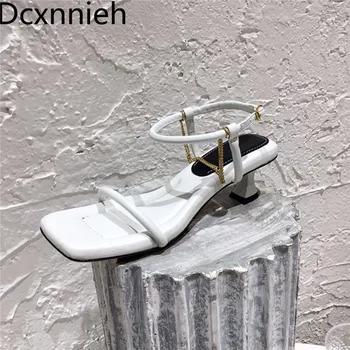 Vara Lanț De Metal Pisicuță Tocuri Sandale Femei Din Piele De O Curea Deget De La Picior Pătrat Sandalias Mujer Designer Pista De Pantofi De Femeie