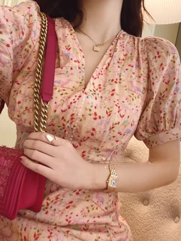 Vara Vintage Floral Print Maxi Dress Femei Boho V-Neck Maneca Scurta-Linie De Partid Plajă Sundress Dulce Rochie Eleganta Coreea 2021