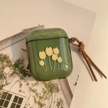 Verde Literare Tulip Căști fără Fir Caz cu Pandantiv Pentru Apple Airpods 1 / 2 Pro Căști de Înaltă Calitate de Acoperire