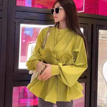 VGH Mozaic Alb Zburli Tricou Pentru Femei Stand de Guler cu Maneci Lungi Eșarfe coreean Bluza de Moda de sex Feminin Haine Noi 2021 Maree