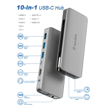 Wavlink Hub USB C Adaptor HDMI 10 in 1 USB-C to USB 3.0 Docking Pentru Windows Mac-C USB 3.1 de Tip C Splitter USB C HUB 60W PD RJ45