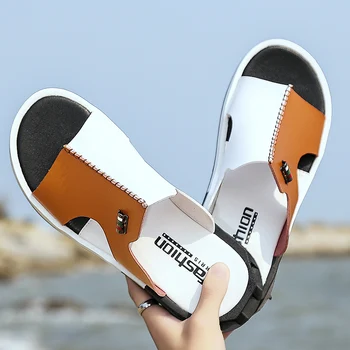 WEH Bărbați Sandale din piele designeri Confortabil Slip-on Casual, Sandale Moda Barbati Papuci Original de Vară plajă mare de dimensiuni 46