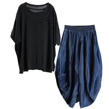 XITAO Vara Noi Femei Pantaloni Seturi de Moda Casual Culoare Solidă Vrac O-gât Guler de Sus Simplitate Vițel-lungime Pantaloni WMD0780