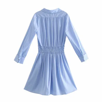 ZA 2021 Albastru cu Dungi Rochie Camasa Femei Maneca Lunga Jachetă Office Lady Dress Femeie de Moda Elastic Talie Mini Plisata Dressses