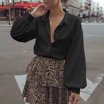 ZANZEA Moda Femei Bluza 2021 Primăvară Birou Doamnă Tricou Casual Solid Puff Sleeve Top Femei Rever Guler Blusa Femme