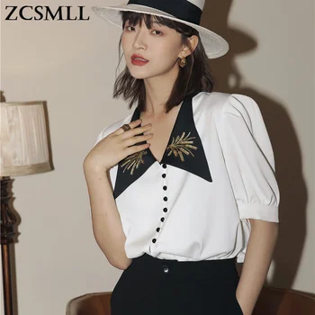 ZCSMLL Puff Maneca Bluza Vintage V Gâtului Vară Broderie Maneca Scurta Doamnelor Butonul de Sus coreeană de Moda de Îmbrăcăminte J055