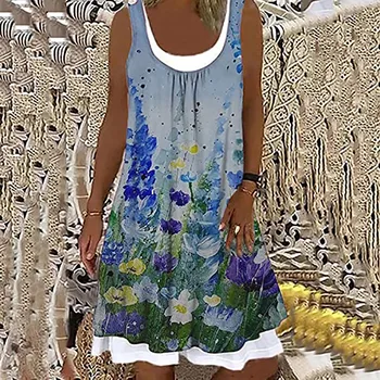 платье летнее Rochie de Vara Femei Rochii Elegante de Moda Casual, Imprimare fără Mâneci Gât Rotund Despicare Halat Femme Vestidos