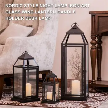 1 buc Stil Nordic Lampă de Noapte, Fier de Artă din Sticlă de Vânt Suport Lumanare Felinar Lampa de Birou