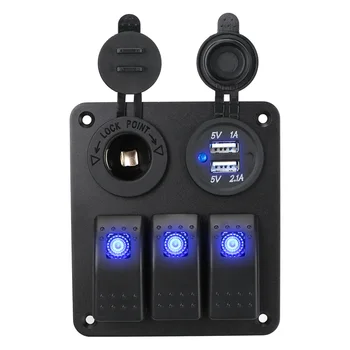 2/3 Gasca Masina Panou Comutator LED12~24V Circuit de Control Voltmetru Digital Dual USB Port Outlet Combinație Nava Piese de Interior Albastru