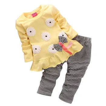 2020 Nouă Primăvară Babi Fata Set Haine Copii de Flori Arc Drăguț Costum 2 BUC Copii cu Maneca Lunga deux-pieces de Sus Tricou +Pantaloni Carouri