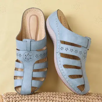 2021 Femei Sandale Pantofi Plat Culoare Solidă Slip On Confortabil Retro Papuci Gol Afară De Deget De La Picior Închis Casual Femei Pene Sandale