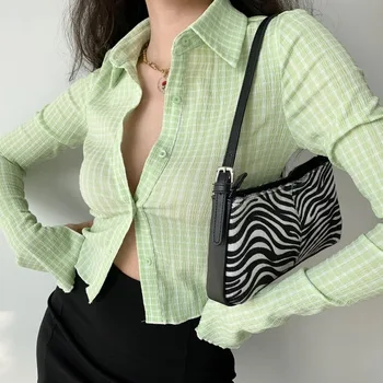 2021 Noi Maneca Lunga Top Verde y2k Epocă Estetica Floare de Imprimare Streetwear Butonul Crop Top Guler Tricou