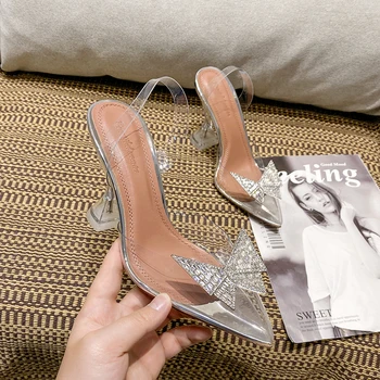 2021 nou stil sandale de sex feminin a subliniat toe stilet toe stras transparent aripi de fluture tocuri inalte