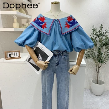 2021 Vara Nou Stil Coreean Floare Broderie Bluza Femei Dulce Rever Mare Felinar Camasa Cu Maneci Student Vrac Slăbire Topuri