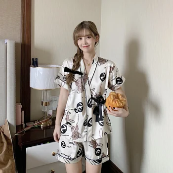 2021 Vară Satin de Matase cu Maneci Scurte pantaloni Scurți de Pijama Seturi pentru Femei de Desene animate Drăguț Vaca Kimono Sleepwear Homewear Pijama Mujer Haine