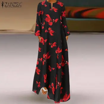 2021 ZANZEA Femei de Vara Boem Florale Imprimate Maxi Sundress Caftan Halat Femme V Gatului Maneca Lunga Rochie de Petrecere Mult Vestidos