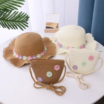 2021New de Vară pentru Copii Paie Pălărie Copil Fete Pălării de Soare Dulce Floare Frumoasă Plajă Anti-UV Cozoroc Pălărie de Paie Sac 2 Seturi de Piese