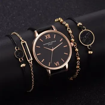 5 buc Set Top Stil de Moda de Lux pentru Femei din Piele Band Analog Cuarț Ceas de mână Doamnelor Ceas Femei Rochie Reloj Mujer Negru Ceas