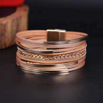 ALLYES Multilayer Metal Chain Copper Tube Leather Bracelet for Women Fashion Bohemian Wrap Bracelet Bangle Female Jewelry Gifts