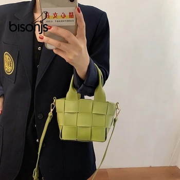 BISONJS Țese Tote sac Găleată de Moda de Înaltă calitate din Piele pentru Femei Designer de Geantă de mână de Călătorie Umăr Geanta Messenger Telefon Portmonee
