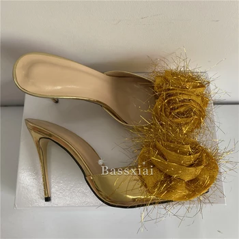 Bling Pluș Flori Sandale Pentru Fete Femei 10 cm Toc Stiletto Peep Toe Pantofi de Piele de Brevet de Vară Sandalias Mujer