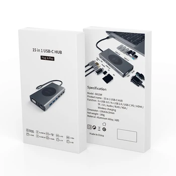 BX15W 15 In1 Tip C Hub 4K, 1080P Compatibil HDMI + VGA Wireless USB Hub Suport SD/TF Pentru Telefon Android pe Calculator