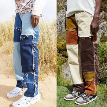 Bărbați de Culoare Bloc Mozaic Blugi Drepte Hip-Hop, Funky, la Modă, Elegant Mijlocul Talie Montaj Largi Picior Pantaloni Denim Pantaloni