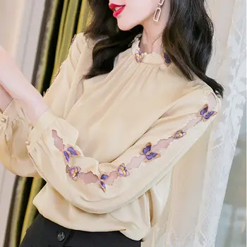 Caise grele imitație de mătase cămașă femei 2021 primăvară noua moda in aer liber de calitate broderie cu mâneci lungi de top satin