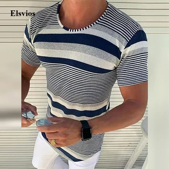 Casual, Cu Dungi De Imprimare Bărbați Sudoare T-Shirt 2021 Primăvară Maneci Scurte Pulover De Topuri De Vara De Sex Masculin Vrac Gât Rotund Tricou Streetwear