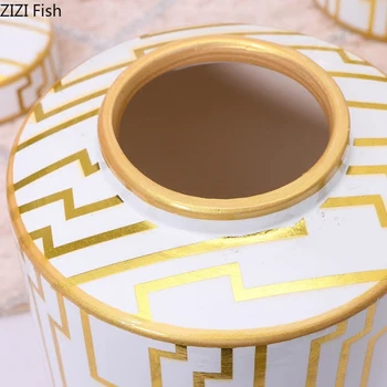 Ceramica Desktop Vaza Decor Rezervor de Stocare Meserii Living Cabinet Cadou Creativ de Aur Alb, Model cu Capac Sticla de Stocare
