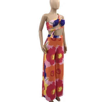 CHRONSTYLE 2021 Vara Femei Costum Boho Florale Două Piese de O Curea de Umar Sutien Topuri de Corset Talie Mare Pantaloni Largi Picior Beachwear