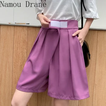 Costum de cinci puncte pantaloni femei 2021 noua moda de vara direct secțiune subțire decora este subțire casual, talie mare violet pantaloni largi