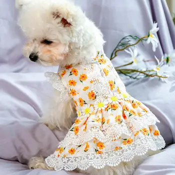 Câinele Colorate Stil Printesa Rochie Model Floral De Bumbac Respirabil Nu Strans Moale Confortabil Câine Reglabil Rochie Cu Dantela Pentru Animale De Companie