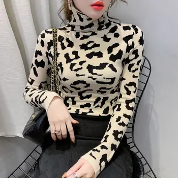 Doamnelor Retro Leopard de Imprimare Topuri Stramte High-gât Bottom Tricou Femei Plus de Catifea/nr catifea 2021 Toamna Și Iarna Noi