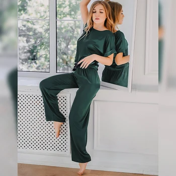 Elegant Verde Sleepwear Dantela-Up Costume Cu Pantaloni Mâneci Scurte Haine De Vara Femei 2021 Seturi Casual Gât Rotund Set Femeie 2 Bucati