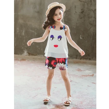 Fată Costum de Haine de Vară Copil Haine Noi Drăguț Ochi Mare Sling T-Shirt+Imprimate pantaloni Scurți 2 BUC Set Haine Copii