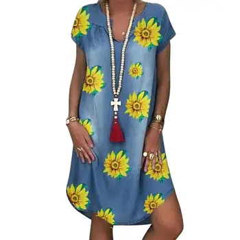 Femei de moda de Rochii de Vara cu Maneci Scurte Crizantema de Imprimare Neregulate Tiv Vrac Rochie Denim платье летнее 2021