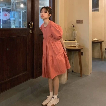 Femei pe Scurt Mânecă Rochie Solid Dulce Simplu Proaspete Elevii O-gât Cutat Stil coreean Genunchi Rochii de Vara All-meci Moda Ins