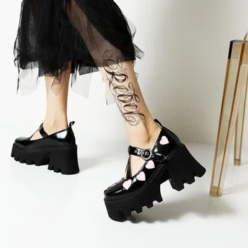 Femei Platforma Inima T-Curele De Liane Indesata Toc Înalt Pantofi Oxfords Punk Britanic Retro Stiluri Negru Harajuku Noi 2022