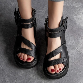 Femei Sandale Din Piele Neagra Casual Pantofi De Vara Pentru Femei Din Piele Tocuri Wedge Pentru Femei Sandale Retro Shoes2021
