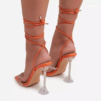 Femei Sandale Tocuri Inalte Sexy Bandă Îngustă Glezna Sandale Strappy Stripteuză De Lux Stras Toc Doamnelor Square Toe Pantofi Albi