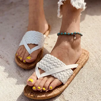 Femei Țesute Papuci Doamnelor Casual, Sandale Plate 2021 Femei de Vară pe Plajă papuci Femei din Piele PU Pantofi Open Toe Sandale