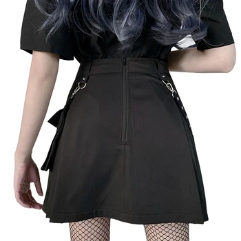 Femeile Gotice Punk Mini-Fuste, Fete Cool Talie Mare Negru Jumătate Rochie cu Curea Buzunar Decor