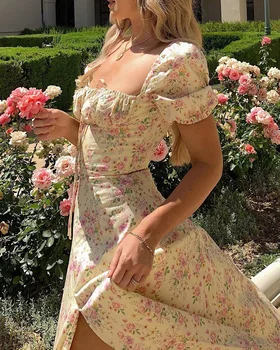 Florale Rochie De Imprimare Femei Îmbrăcăminte De Vară, Sexy, Elegant, De Moda Bubble Sleeve Floral Dantelă Înaltă Split Rochie Lunga Vestdio Vintage
