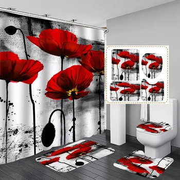 Flori Rosii Model Tesatura Perdele De Duș Baie Set De Perdele Covoare Antiderapante Capacul De Toaletă Mat Covor Seturi De Decor Acasă