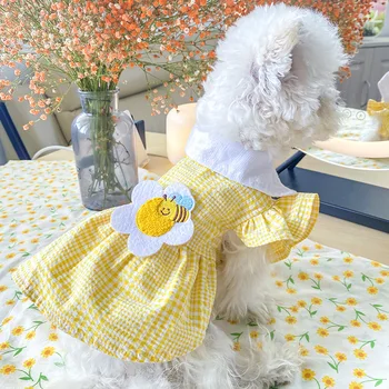 Galbenă De Albine Dog Fancy Rochie De Petrecere Nunta Pet Tricou Costum Cu Carouri Fusta De Vara Primavara Cat De Îmbrăcăminte Pentru Catelus Mic, Consumabile Pugs
