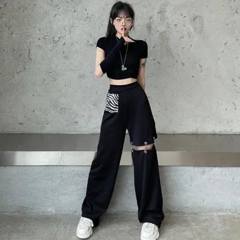 HOUZHOU Negru Largi Picior Pantaloni Femei Gol Afară de Streetwear Techwear Pantaloni Talie Elastic Mozaic coreeană de Moda de Vara