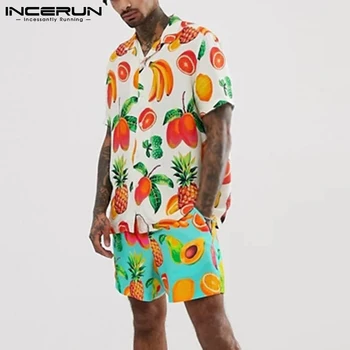 INCERUN Bărbați Hawaiian Seturi de Imprimare Vacanta de Vara Rever Maneca Scurta Tricou pantaloni Scurți de Plajă Streetwear 2021 Bărbați Costume Casual, S-3XL